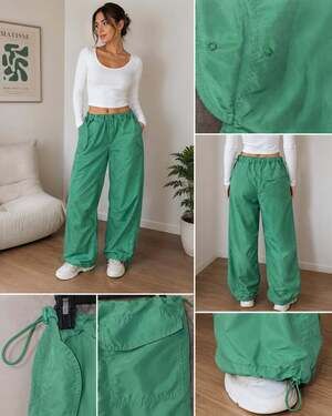 Super Massive Women's Green Baggy Parachute Drawstring Trousers
